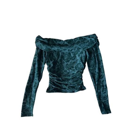 Wild Fable Green Velvet Floral Flocked Off Shoulder Long Sleeve Ruched Top Small - Picture 3 of 8